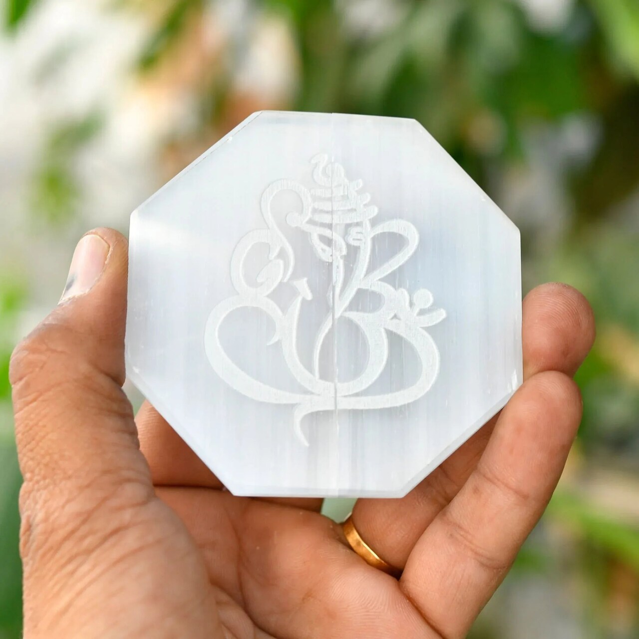 Selenite Charging Plate for Crystals and Healing Stones Engraves Flower Of Life Buddha Om Ganesha 7 Chakra Coaster 3" Selenite Crystal Plate for Home Office Table Decor - Round Disc Plate